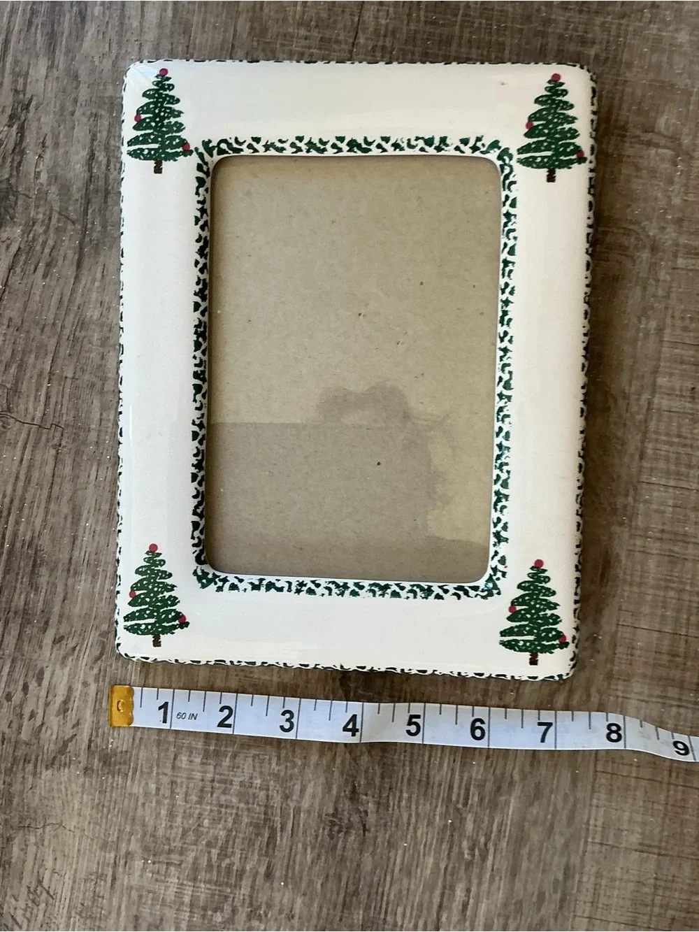 White Picture Frame with Green Christmas Tree Accents -